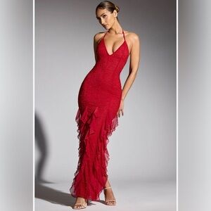 open lace back dress Oh Polly Domblans Embellished Frill Mini Dress in Red main image 1